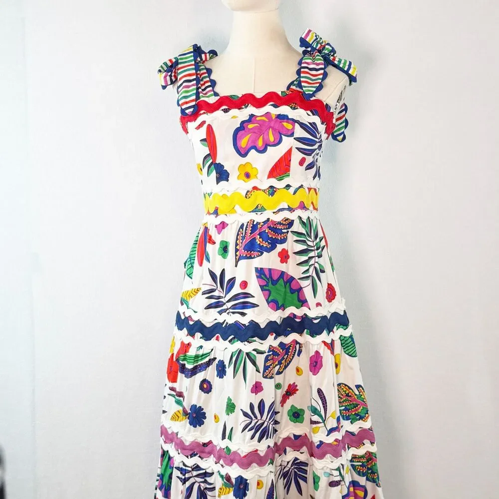 Celia B | Jade Dress | tropical floral print tiered maxi skirt trim | Sz S - Picture 6 of 14
